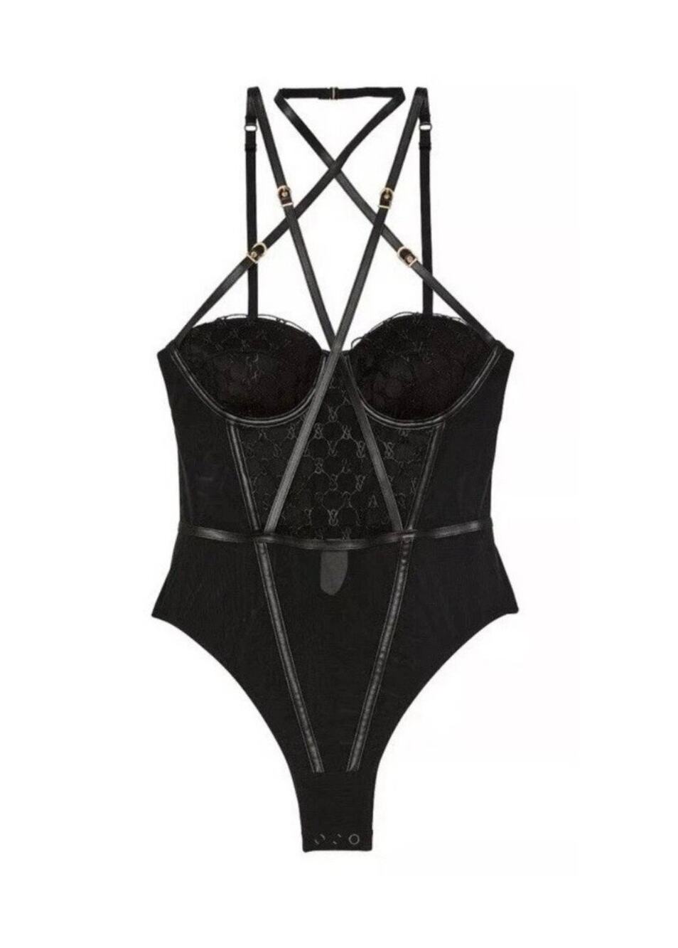 Victoria’s Secret VS Logo Embroidery Balconette Faux Leather Trim Teddy Size XXL